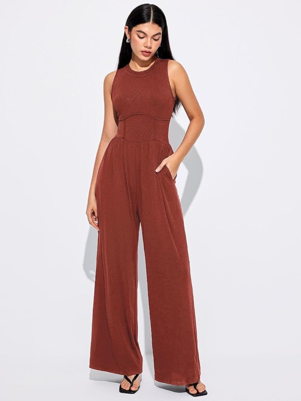 Cider Sleeveless Wide-Leg Jumpsuit in Burnt Brown